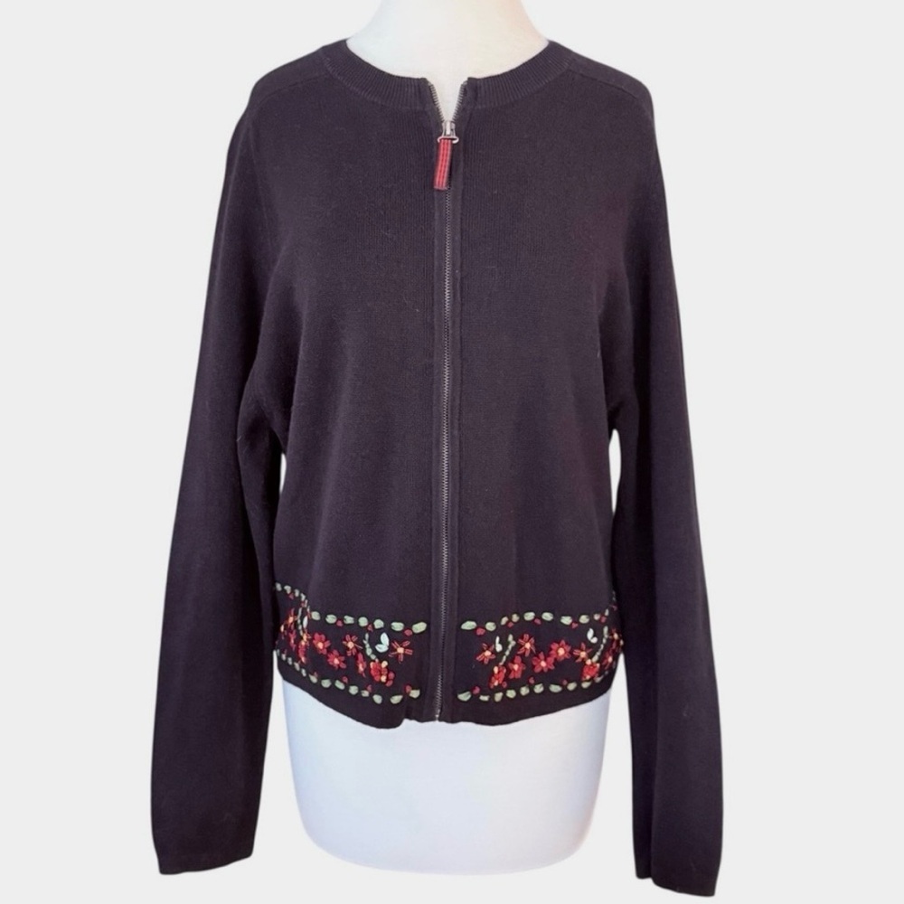 Vintage Woolrich Black Zip Up Cardigan Cotton Ramie Floral Ribbon Embroidery Med